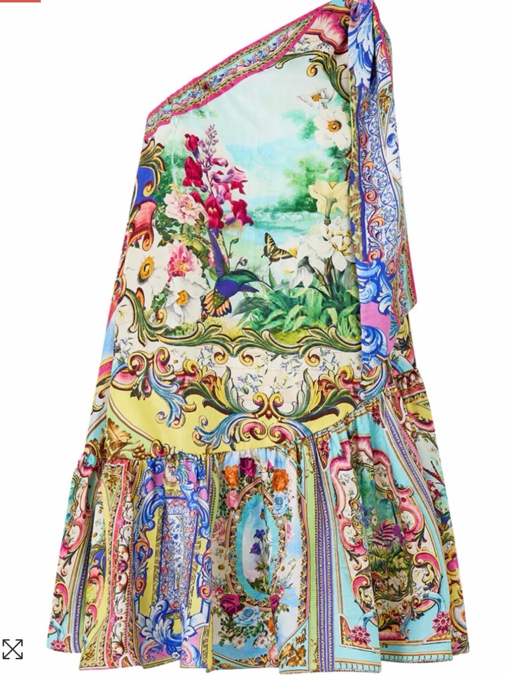 Camilla One-Shoulder Floral Scarf-Print Mini Dress in Yellow, Blue, Pink - Picture 2 of 2